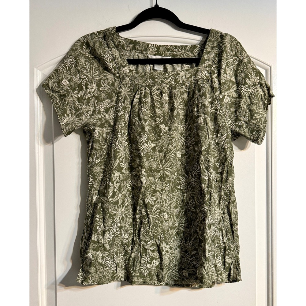 Christopher & Banks Blouse Small Green Botanical Square Neck Top Boho Fern